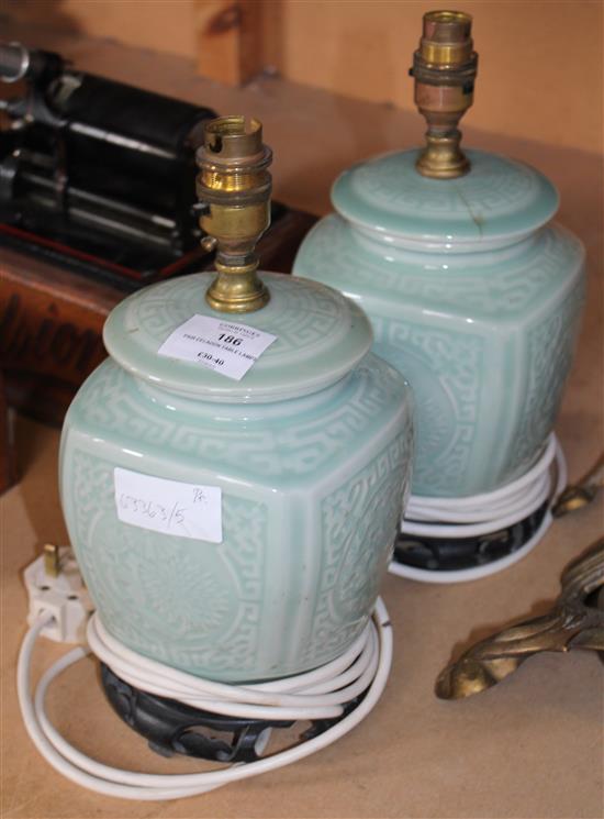 Pair celadon table lamps